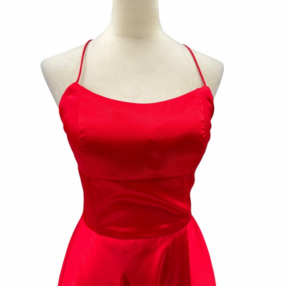 Sherri Hill Red Satin Strappy Lace Up Back Valentines A-Line Formal Prom Dress - Picture 6 of 13